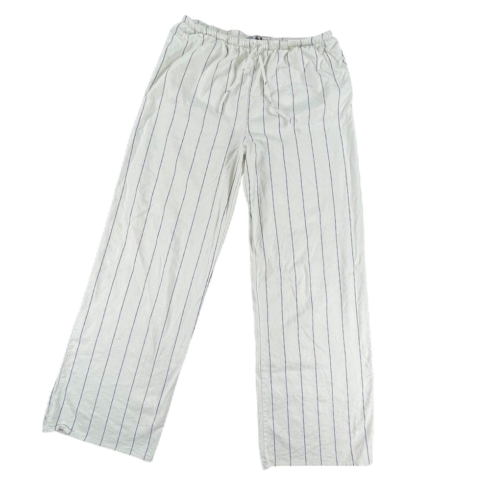Zara Linen Blend Striped Wide Leg Pants L Pinstripe Pull On Boho Coastal Beach